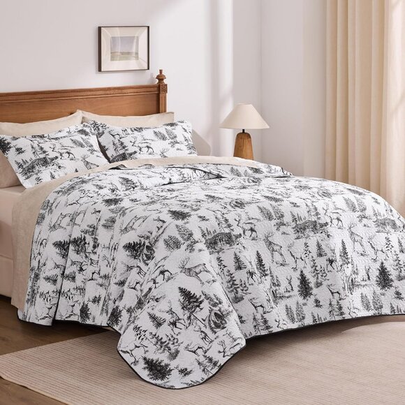 2-Piece Lodge Bed Cover Quilt with 1 Pillow Sham for All Season, White & Black - Picture 2 of 7